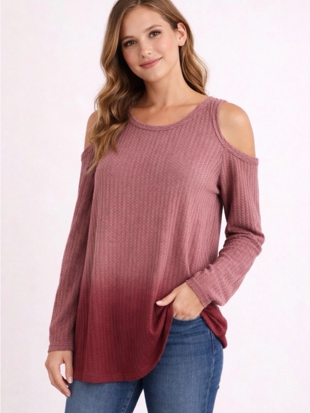 Kori Mauve to Burgundy Cold-Shoulder Ombre Long Sleeve Top